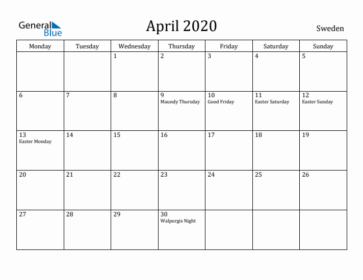 April 2020 Calendar Sweden