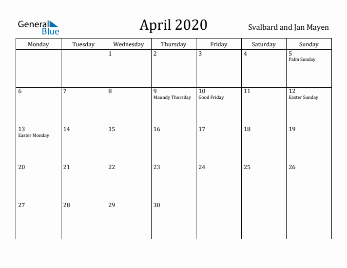 April 2020 Calendar Svalbard and Jan Mayen