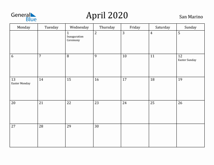 April 2020 Calendar San Marino