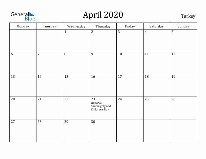 April 2020 Calendar Turkey