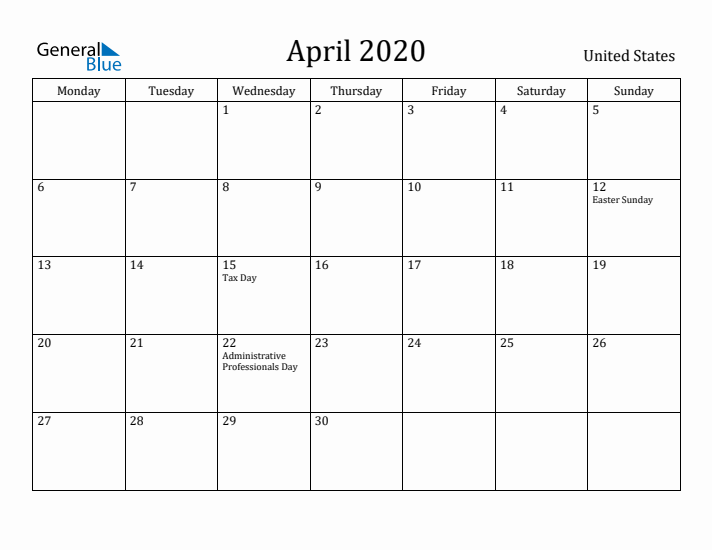 April 2020 Calendar United States