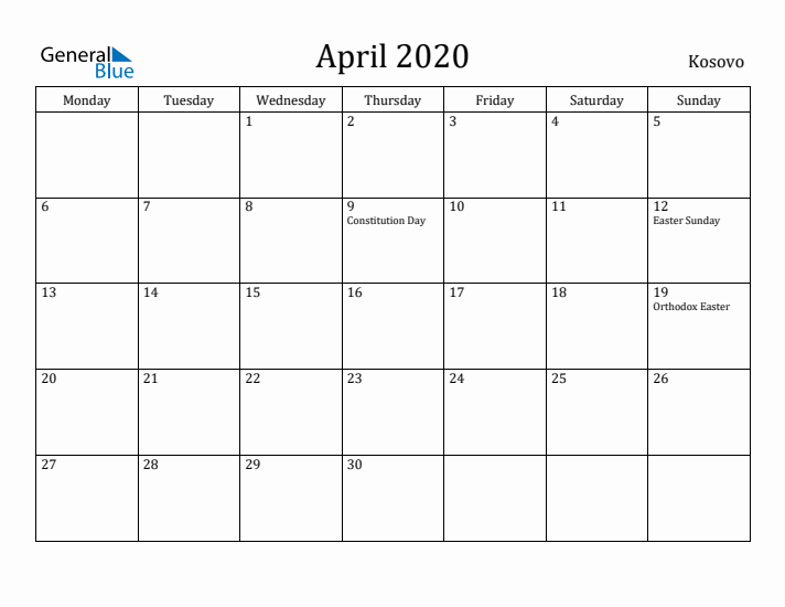 April 2020 Calendar Kosovo