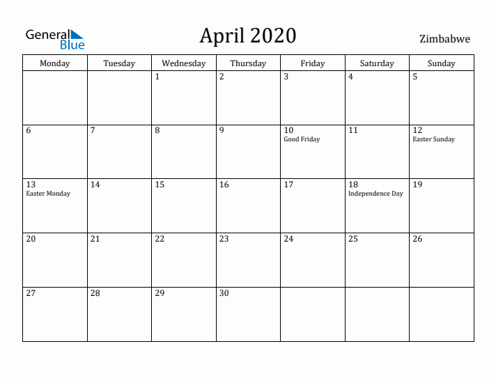 April 2020 Calendar Zimbabwe