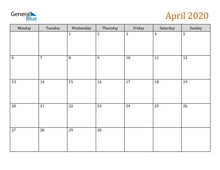 Editable April 2020 Calendar