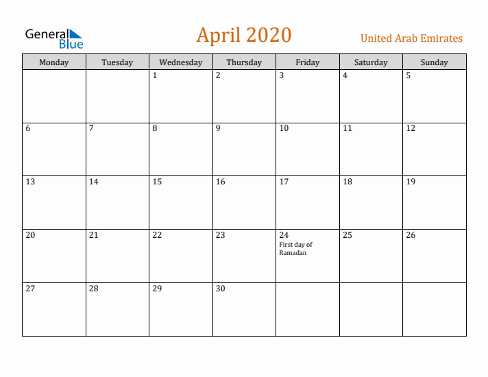 April 2020 Holiday Calendar with Monday Start