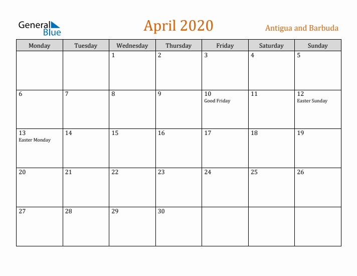 April 2020 Holiday Calendar with Monday Start