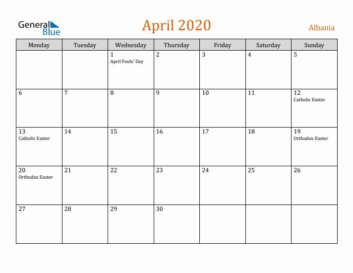 April 2020 Holiday Calendar with Monday Start