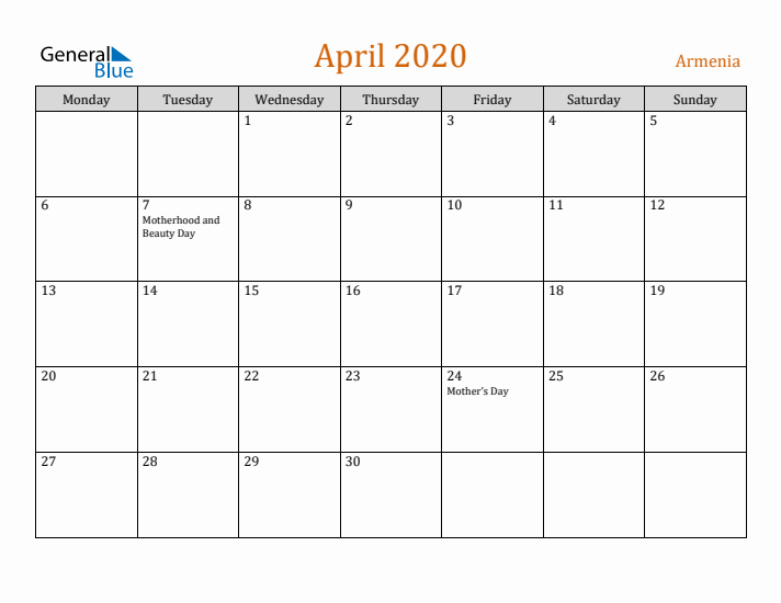 April 2020 Holiday Calendar with Monday Start