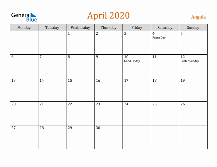 April 2020 Holiday Calendar with Monday Start