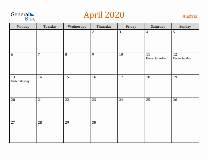 April 2020 Holiday Calendar with Monday Start