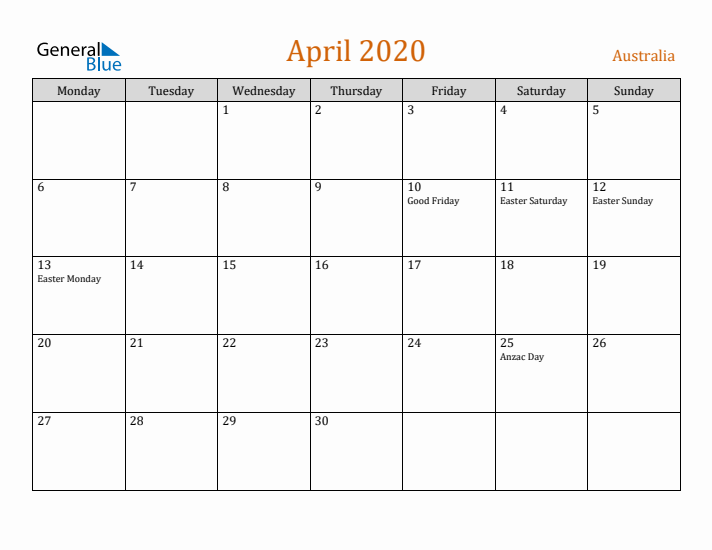 April 2020 Holiday Calendar with Monday Start