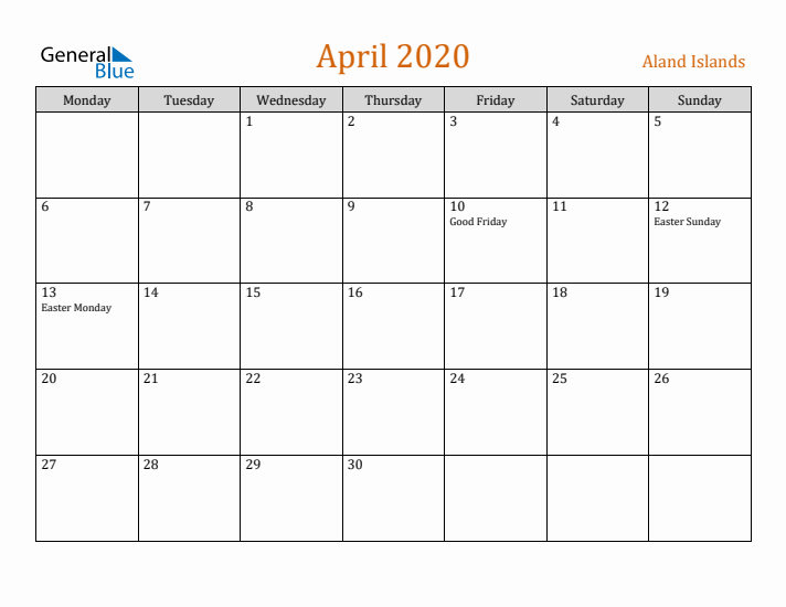 April 2020 Holiday Calendar with Monday Start