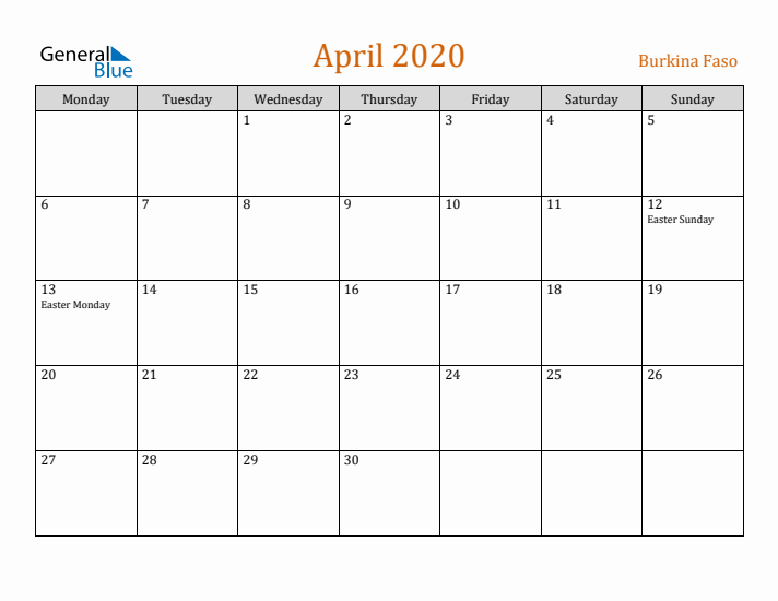 April 2020 Holiday Calendar with Monday Start