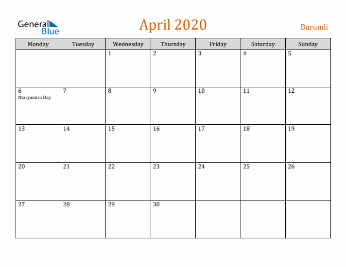 April 2020 Holiday Calendar with Monday Start