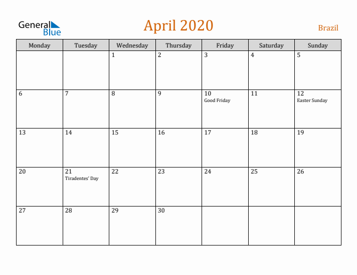 April 2020 Holiday Calendar with Monday Start