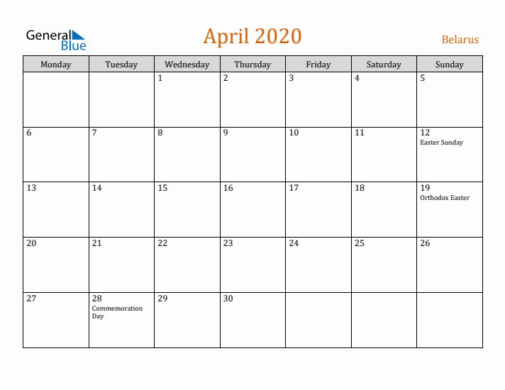 April 2020 Holiday Calendar with Monday Start