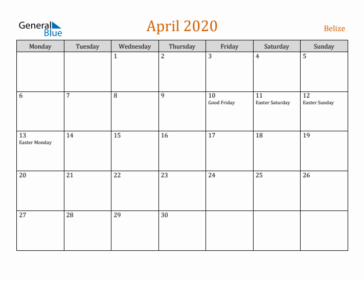 April 2020 Holiday Calendar with Monday Start