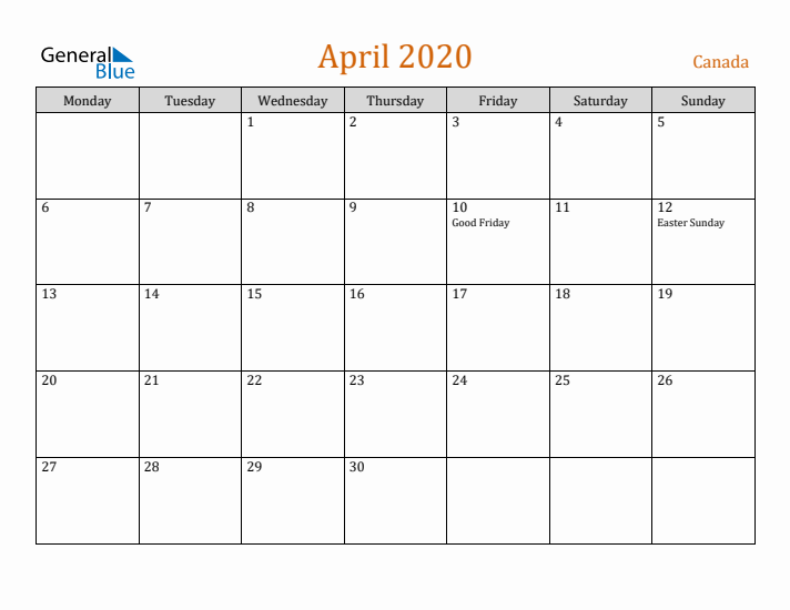 April 2020 Holiday Calendar with Monday Start