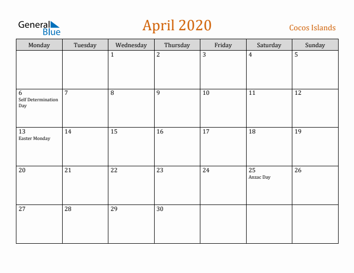 April 2020 Holiday Calendar with Monday Start