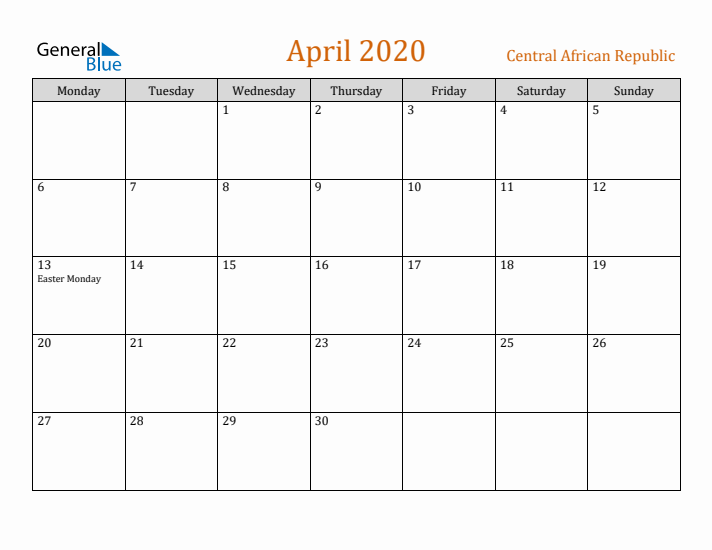 April 2020 Holiday Calendar with Monday Start