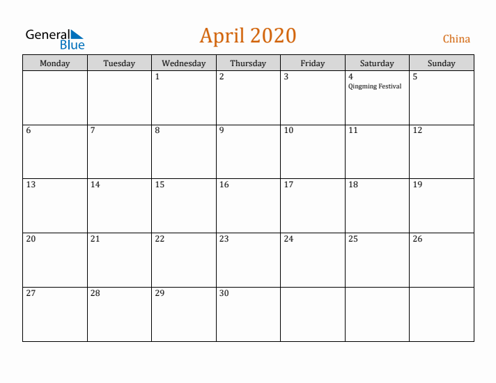 April 2020 Holiday Calendar with Monday Start