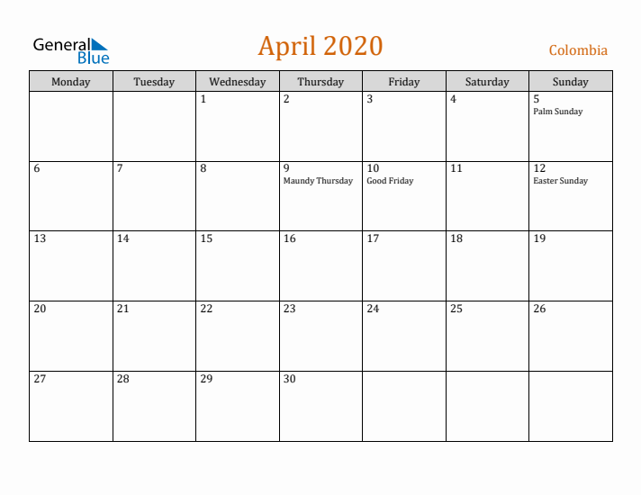 April 2020 Holiday Calendar with Monday Start