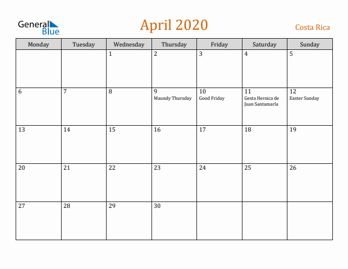 April 2020 Holiday Calendar with Monday Start