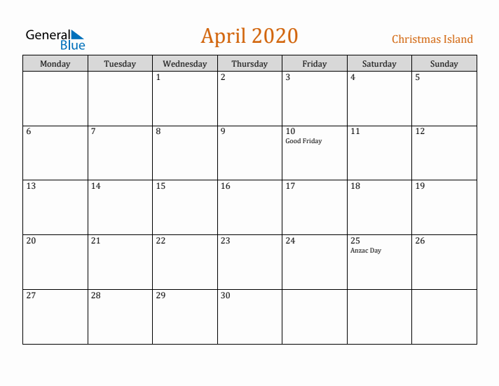 April 2020 Holiday Calendar with Monday Start