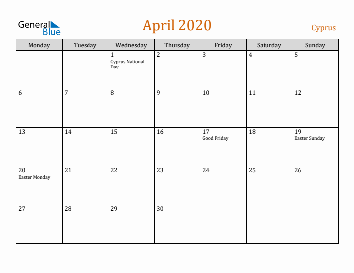 April 2020 Holiday Calendar with Monday Start