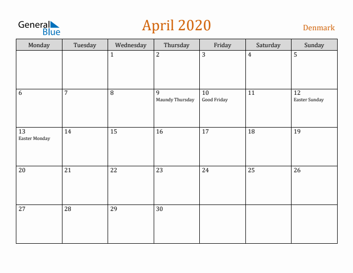 April 2020 Holiday Calendar with Monday Start