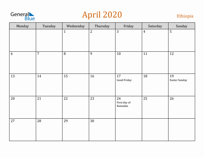 April 2020 Holiday Calendar with Monday Start