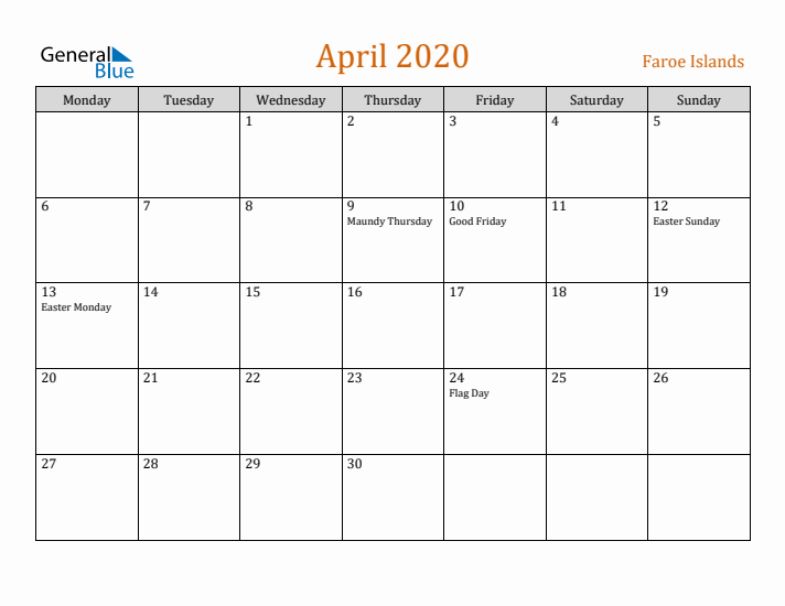 April 2020 Holiday Calendar with Monday Start