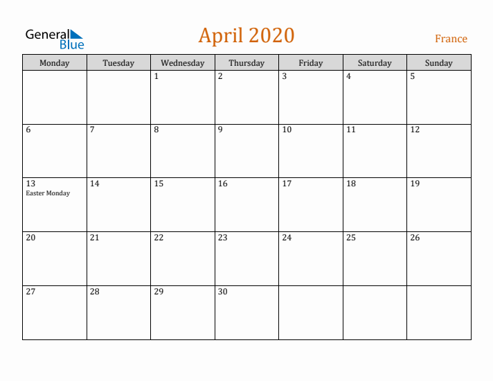 April 2020 Holiday Calendar with Monday Start