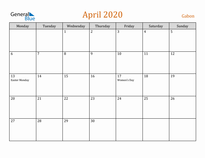 April 2020 Holiday Calendar with Monday Start