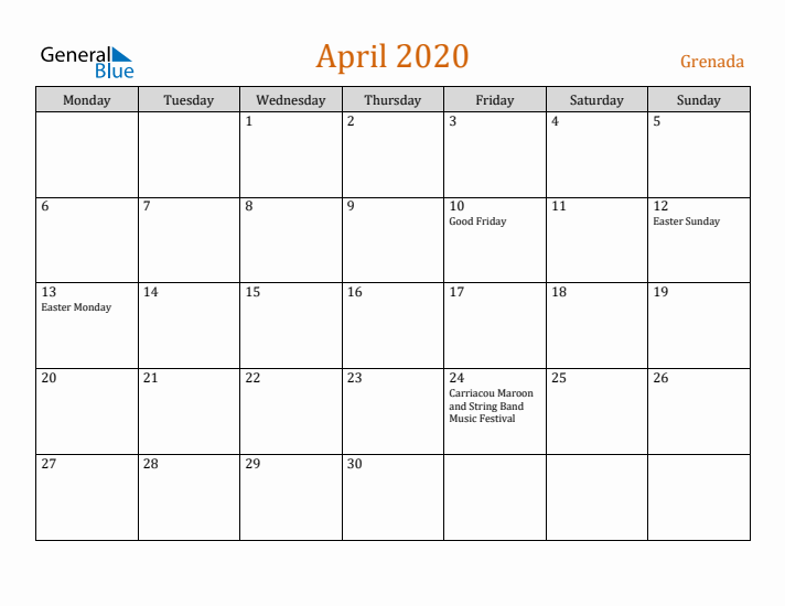 April 2020 Holiday Calendar with Monday Start