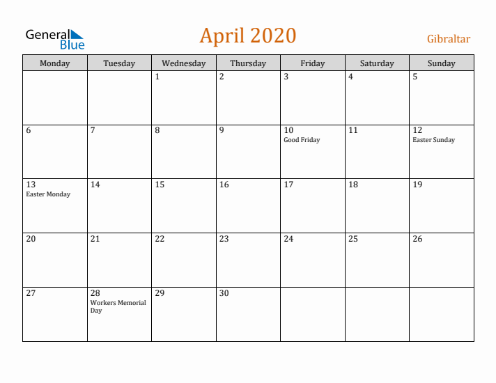 April 2020 Holiday Calendar with Monday Start