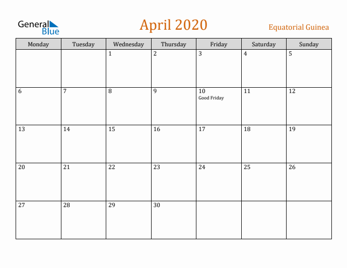 April 2020 Holiday Calendar with Monday Start