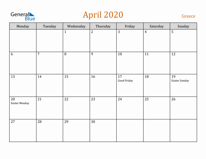 April 2020 Holiday Calendar with Monday Start