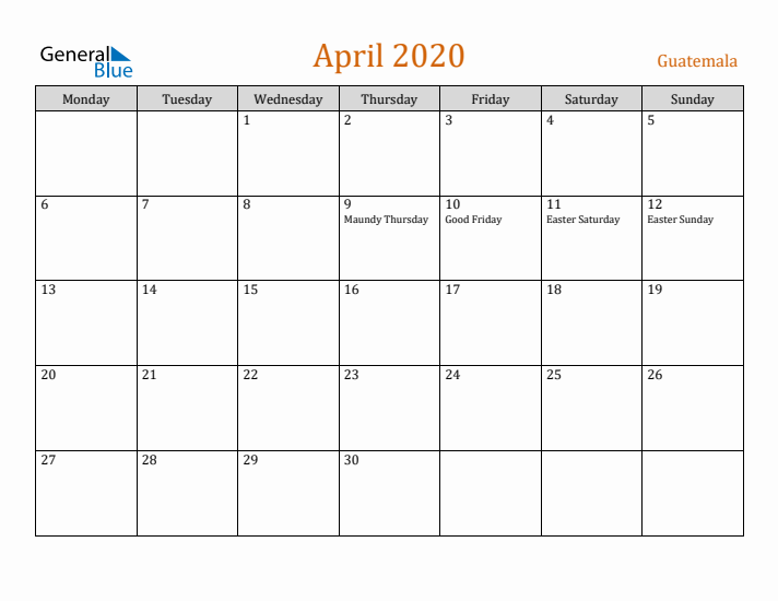 April 2020 Holiday Calendar with Monday Start