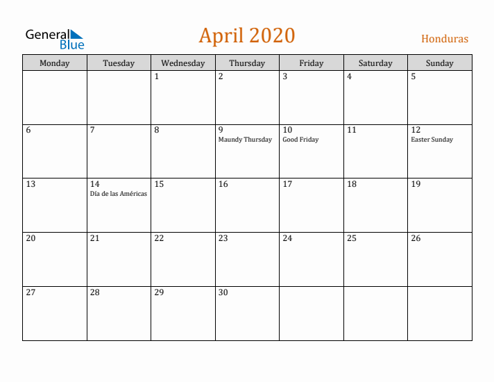 April 2020 Holiday Calendar with Monday Start