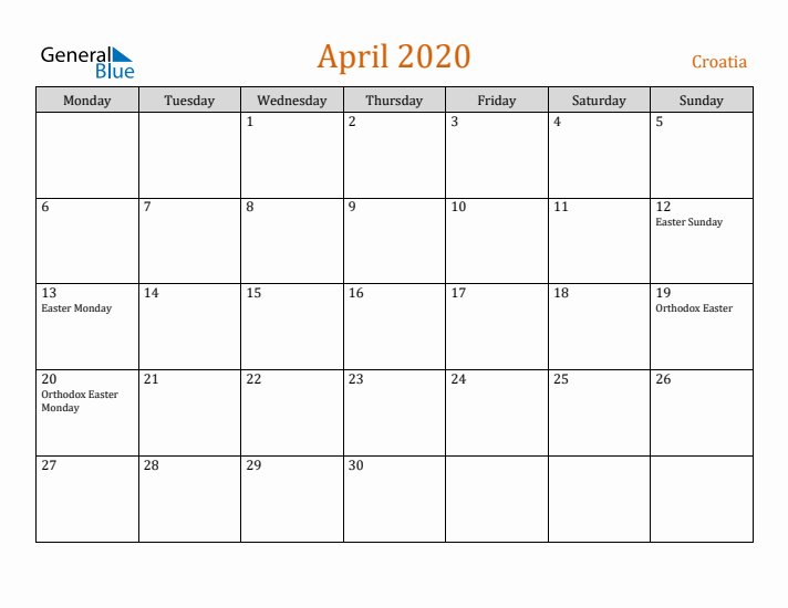 April 2020 Holiday Calendar with Monday Start