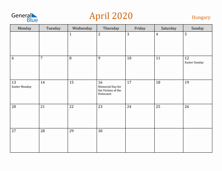 April 2020 Holiday Calendar with Monday Start