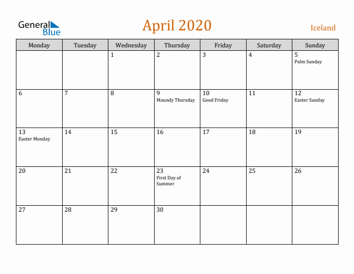 April 2020 Holiday Calendar with Monday Start