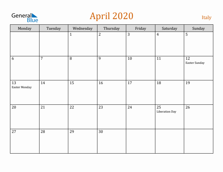 April 2020 Holiday Calendar with Monday Start