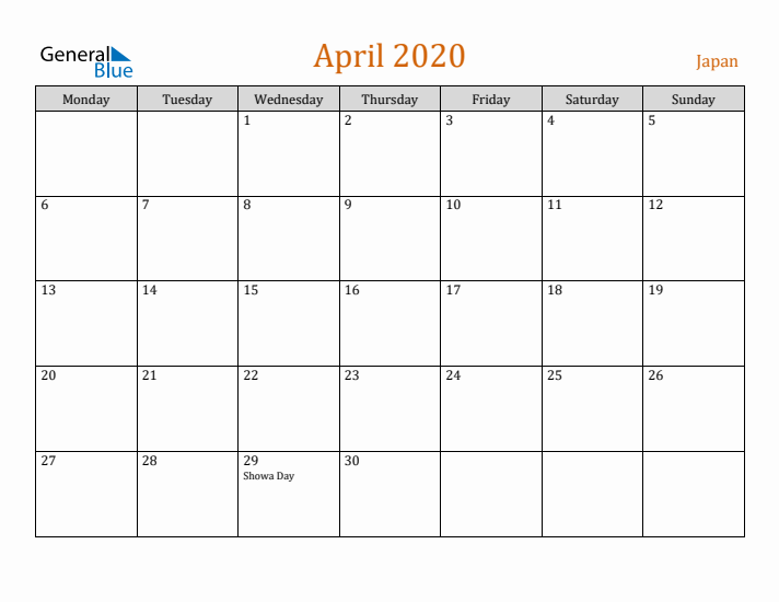 April 2020 Holiday Calendar with Monday Start