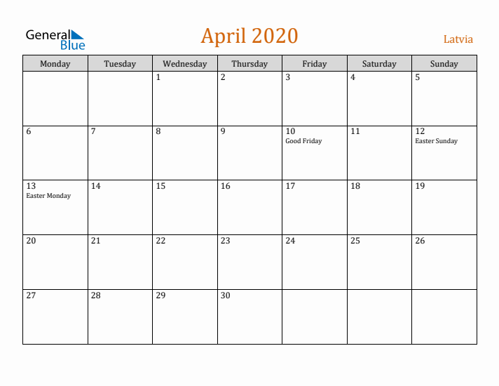 April 2020 Holiday Calendar with Monday Start