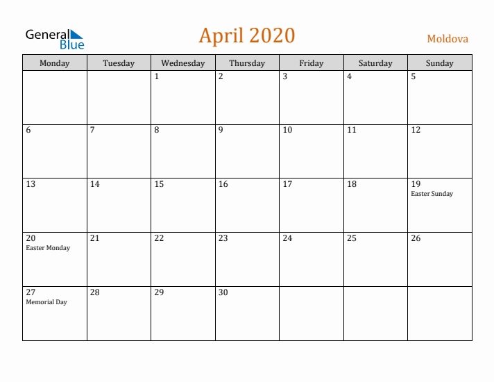 April 2020 Holiday Calendar with Monday Start