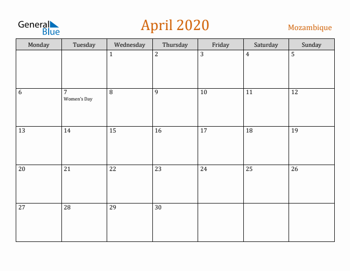 April 2020 Holiday Calendar with Monday Start