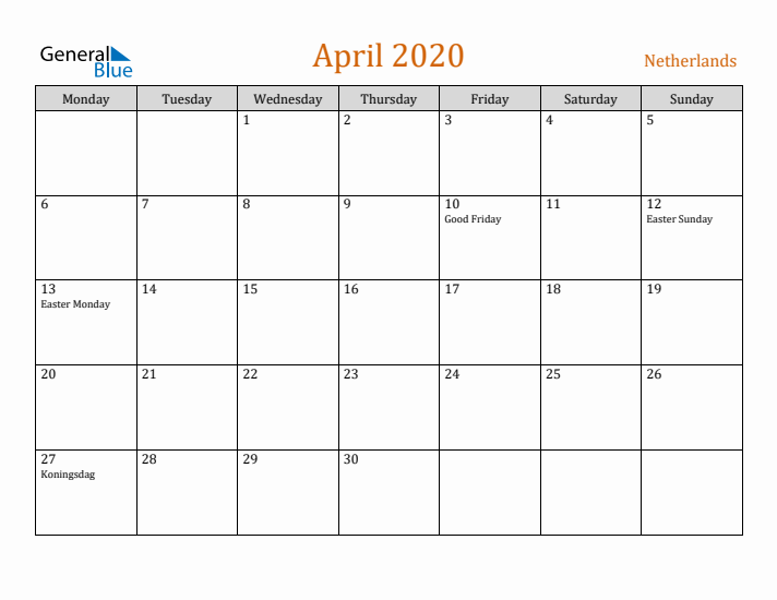 April 2020 Holiday Calendar with Monday Start