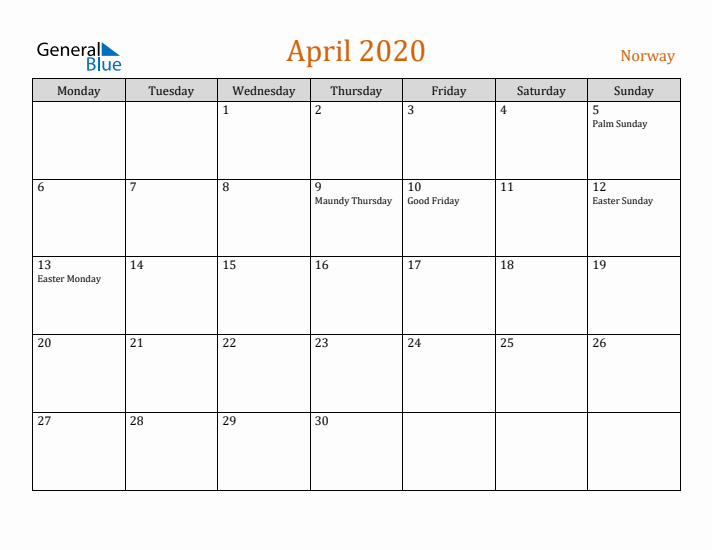 April 2020 Holiday Calendar with Monday Start